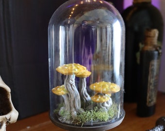 Enchanted Mushrooms under cloche, for Witch cabinet or Gothic Halloween Décor.