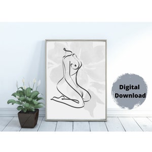 Female Line Art, Female Figure, Naked Woman wall Art, simple flower DIGITAL