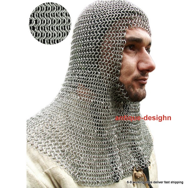 Ready Handmade Aluminum Chainmail 16 guage 10mm ,Butted Ring Chain mail Hood coif light weight Medieval Armor armour free shipping for adult