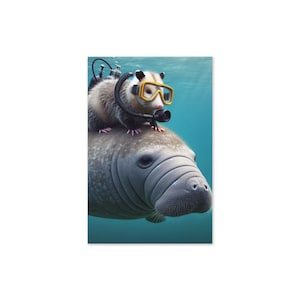 Lustige Grußkarte Tauch Opossum & Manatee - Innen blanko - Einzigartige Unterwassertier Karte für jeden Anlass