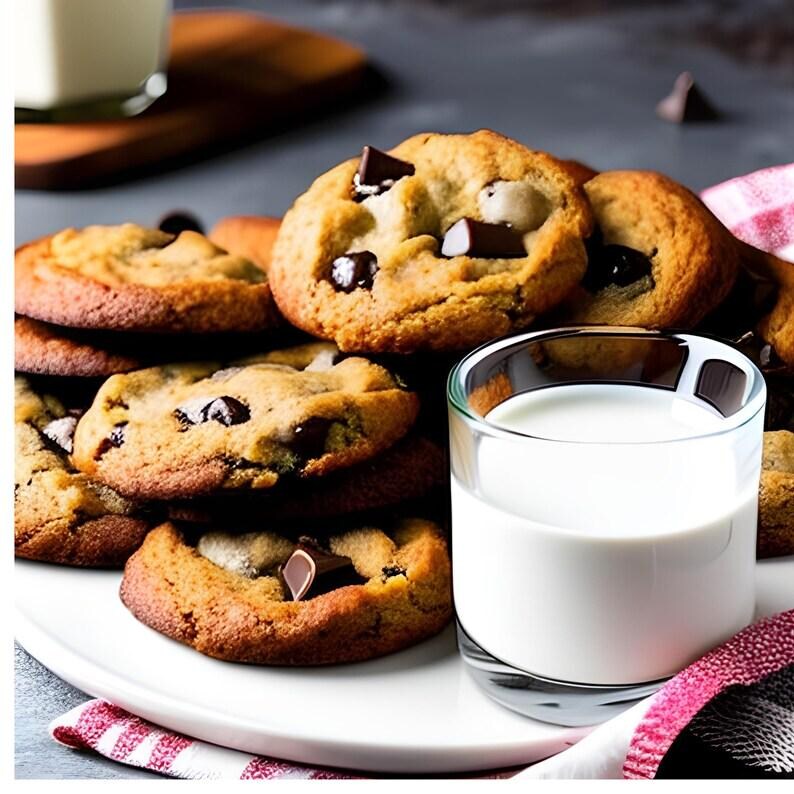 Puede incluir: Una pila de galletas con chispas de chocolate doradas en un plato blanco, con un vaso de leche. Las galletas tienen trozos grandes de chocolate. Se ve una servilleta a cuadros rojos y blancos.