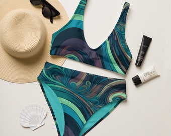 Blue Swirl High Waisted Bikini | Recycled Eco Swimwear for Women | Soft, Stylish & Comfortable Beachwear