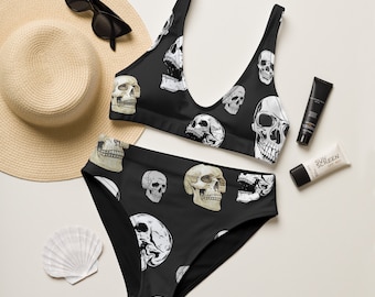 Rock the waves in this black skull bikini—sustainable, high-rise fit and ultra-soft comfort for edgy sun-lovers.
