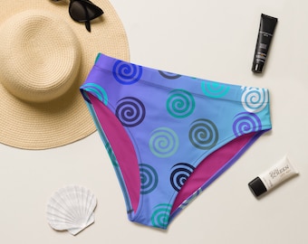 May include: Blue and green patterned bikini bottom with a pink lining. The bikini bottom has a high-waisted cut and a swirl pattern.
