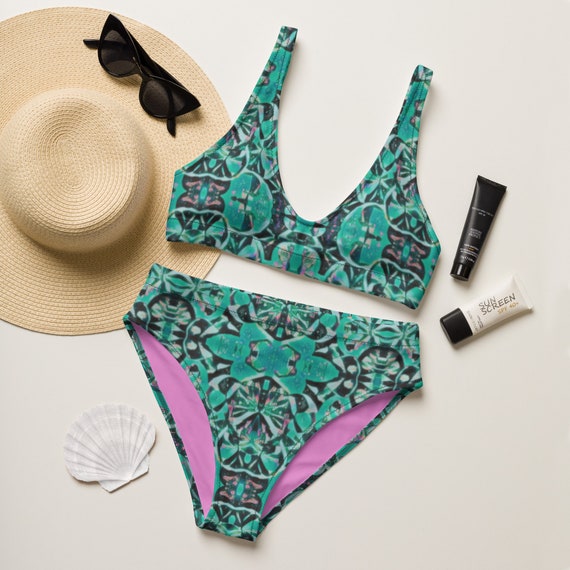 Women s Aqua Green Ladies Swimwear Recycled High Waisted Bikini