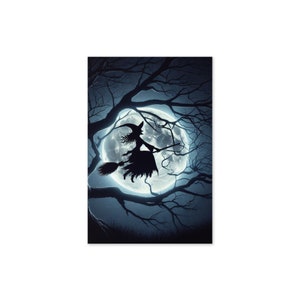 Carte de voeux Sorcière volant sur un balai – Magie de la pleine lune ! Intérieur vierge pour toutes les occasions