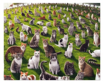 May include: A colorful illustration of a large group of cats sitting on a green grassy field. The cats are of various breeds and colors, including tabby, calico, black, white, and orange. Some cats are looking at the camera, while others are looking away.
