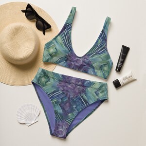 Purple Mosaic Recycled High-Waisted Bikini – Eco-Friendly, Soft & Comfortable Swimwear for Summer Beachwear and Vacations