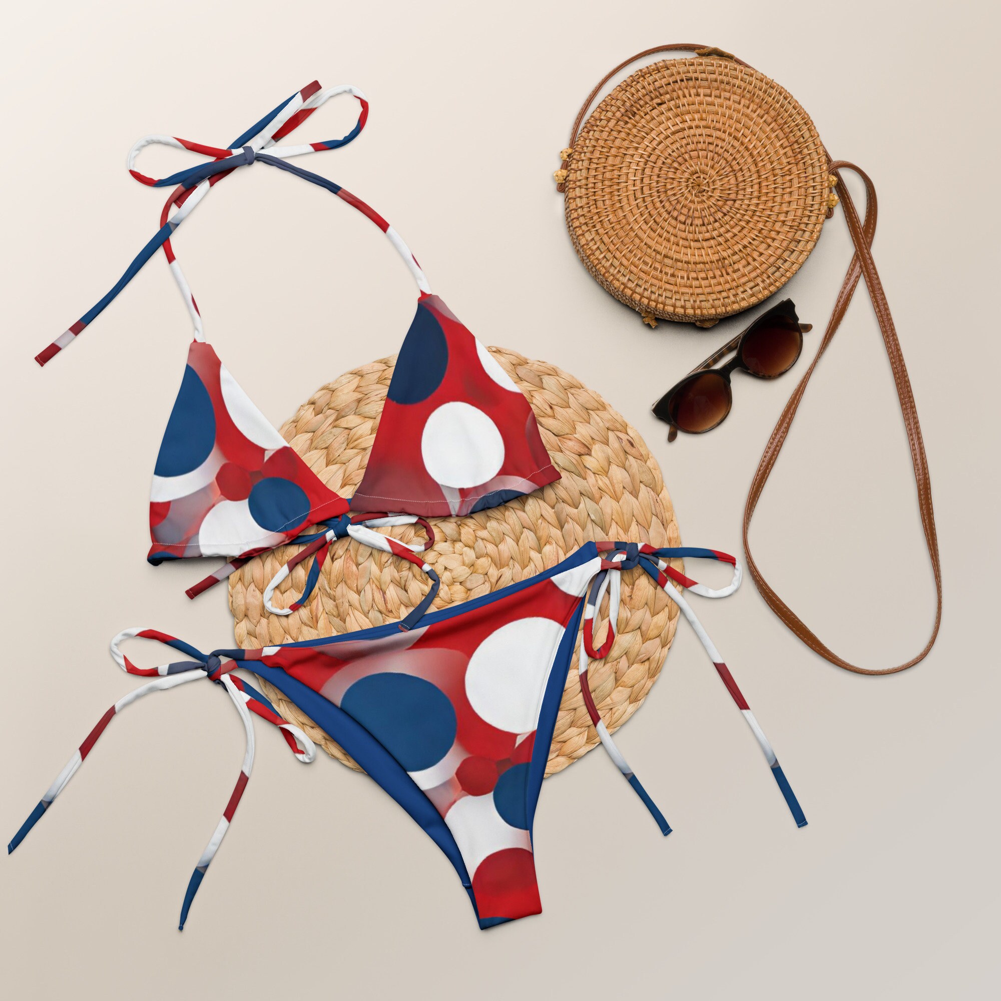 Women's Red White & Blue Dots String Bikini – Eco-friendly