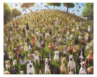 May include: A large group of dogs of various breeds and colors are gathered together in a grassy field. The dogs are all looking at the camera, and some are sitting, while others are standing. There are trees in the background.