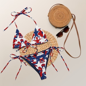 Red, White & Blue Stars String Bikini – Recycled Swimwear for Women, Cute Beachwear Set or Individual Pieces for Vacay or Cruise Fun