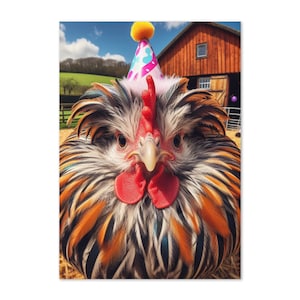 Tarjeta de cumpleaños divertida de pollo: saludo en blanco para él, ella o cualquier persona. Humor peculiar de animales de granja, deseos de cumpleaños divertidísimos.