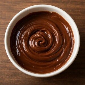 Puede incluir: Un cuenco blanco lleno de salsa de chocolate negro y rica. El chocolate est&aacute; arremolinado en un patr&oacute;n en espiral, creando una apariencia brillante y apetitosa. El cuenco est&aacute; sobre una superficie de madera oscura.