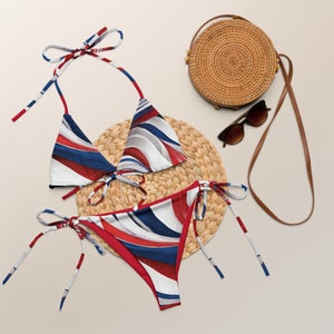 Women’s Red White & Blue Swirl String Bikini – Eco-Friendly Recycled Swimwear – Soft, Adjustable and Stylish for Beach and Vacation
