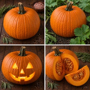 May include: A collage of four images showcasing pumpkins. One whole pumpkin, another in a garden setting, a carved jack-o'-lantern, and a pumpkin cut open to reveal the seeds. The pumpkins are a vibrant orange color.