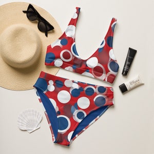 Women&#39;s Red White & Blue Dotted Recycled Bikini – High-Waisted, Soft, and Comfortable – Eco-Friendly Swimwear for Summer Fun
