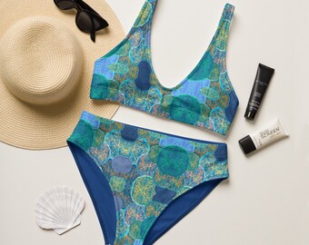 Women’s Blue & Green Citrus High-Waisted Bikini | Soft, Comfy and Recycled Swimwear | Bold Eco-Friendly Beach Look for Summer and Vacays!