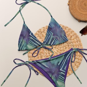 Purple Mosaic String Bikini—eco-friendly recycled swimwear that’s soft, stylish and perfect for beach days, vacations & cruises!