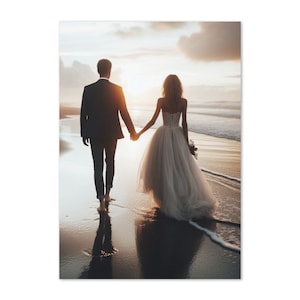 Tarjeta de boda o aniversario en la playa: saludo romántico con vistas al océano para parejas, mensaje de amor costero para bodas, votos o momentos especiales.