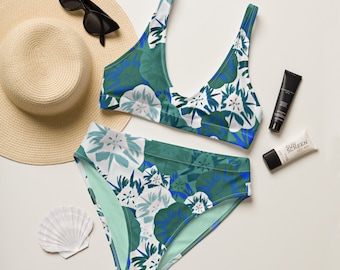 Eco-Friendly High Waisted Floral Bikini – Recycled Fabric Women’s Swimsuit, Soft & Comfortable Sustainable Swimwear