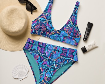 Women’s Blue High-Waisted Bikini, Eco-Friendly, Soft Comfortable Swimwear