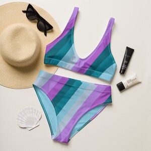 Women&#39;s High-Waisted Purple and Blue Stripe Bikini | Soft, Comfortable & Stylish | Premium Quality Swimwear for Beach and Summer Fun
