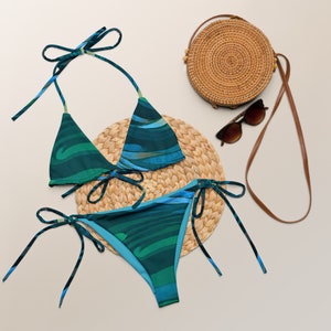 Blue Green Swirl Recycled String Bikini – Women’s Eco Friendly Swimwear – Soft, Comfortable Vacation Beachwear & Cruise Ready