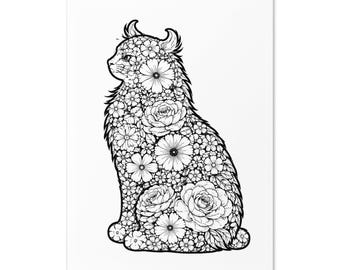 Highlander Cat Greeting Card – Floral Silhouette Design, Curled Ears, Unique Cat Lover Card
