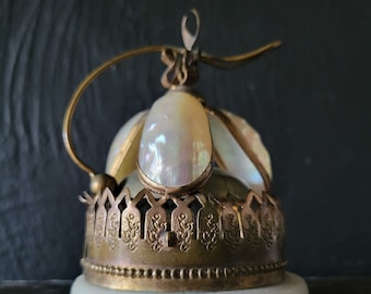 Antique 19th C French Mother of Pearl Shell Alabaster and Brass Hotel Bell