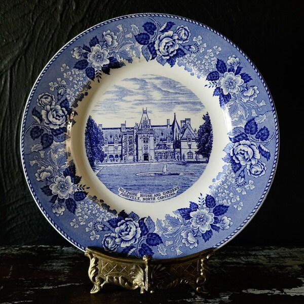 Vintage Staffordshire Biltmore Estate Plate Asheville NC, Vanderbilt, Souvenir Plate, Blue and White, Grandmillennial, North Carolina