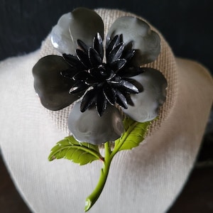 Vintage Gray And Black Flower Metal Brooch, 60s Brooch