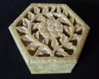 Vintage Carved Soapstone Trinket Box, Green Soapstone Hexagon Trinket Box