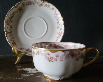 Vintage Haviland Limoges France White Gold Trim and Roses Tea Cup Saucer