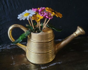 Vintage Mini Metal Watering Can Enamel Flower Bouquet Paperweight, Gardener Gift