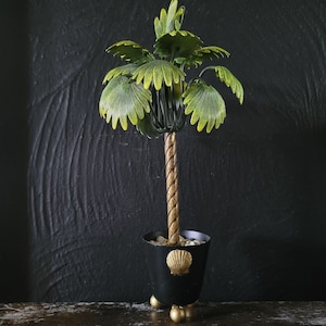Vintage Tole Metal Palm Tree in Footed Pot w/Shell Accent, Hollywood Regency MCM