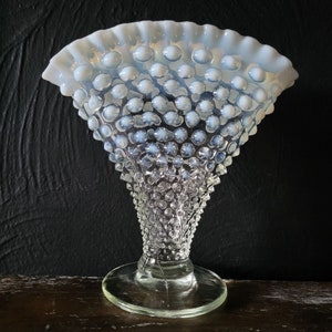 Vintage Fenton White Opalescent Hobnail Large Fan Vase Ruffle Edge Moonstone