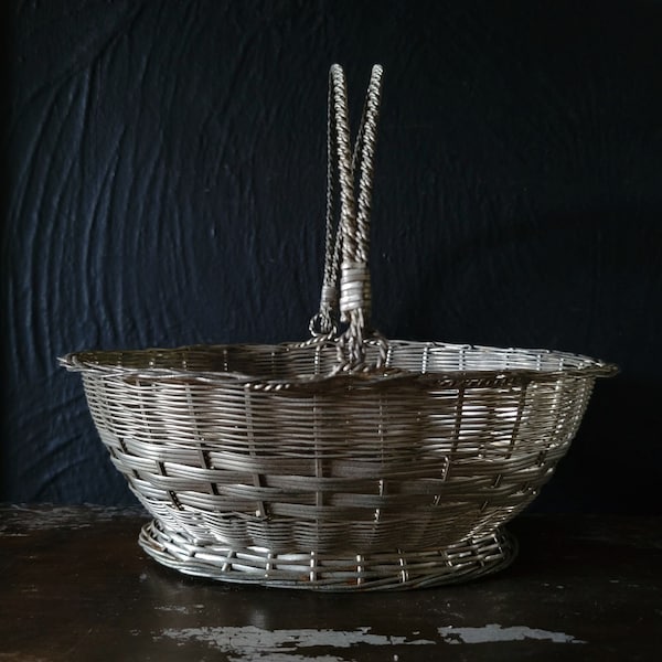 Vintage Silver Tone Woven Metal Basket