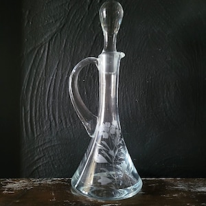 Vintage Elegant Glass Cruet with Stopper, Glass Cruet with Etched Flowers