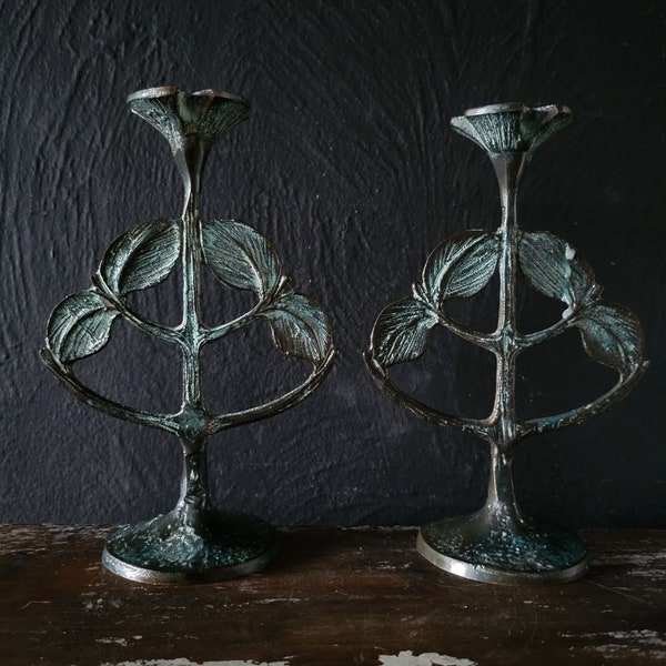 Pair of Vintage Ginko Leaf Candle Holders with Verde Gris Type Finish