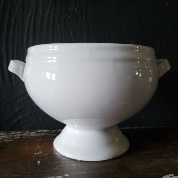 Vintage White Soup Bowl with Handles, French Country Tableware Soupiere