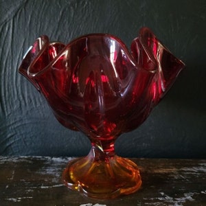 Vintage Amberina Persimmon Orange Glass Compote Amberina Ripple Top, Glowy, L.E. Smith