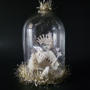 Vintage Inspired Glass Dome Angel Bottle Brush Trees and &quot;Believe&quot; Banner