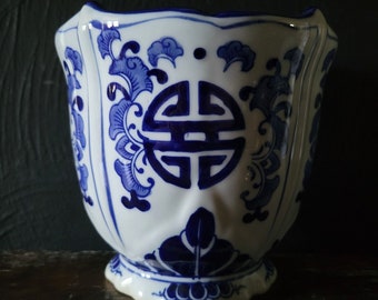 Vintage blauw & wit porselein Chinoiserie plantenbak, "Long Life" Pot