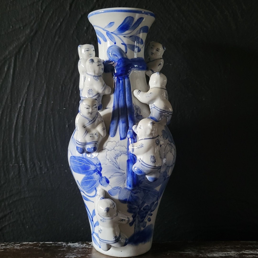 Vintage Chinese Fertility Vase Seven Climbing Boys Blue & Etsy