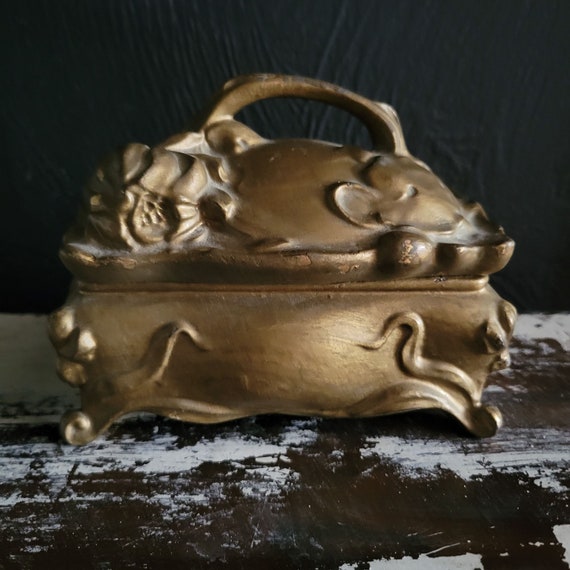 Vintage American Art Nouveau Gilt Metal Jewel Casket