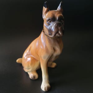 Vintage Sitting Boxer Dog Figurine Tan & Black with Chain Collar 5.75&quot;