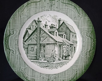 Vtg &quot;The Old Curiosity Shop&quot; Dinner Plate, Green Transferware, Charles Dickens