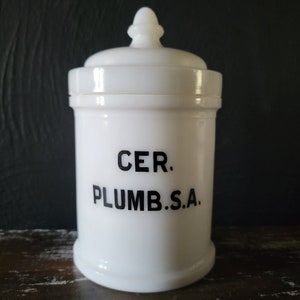 Antique Whitall and Tatum Apothecary Jar w/ Lid White Milk Glass "CER PLUMB.S.A"  , Pharmacy Jar