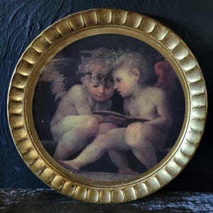 Vtg Sezzatini Cherub Tray 12&quot; Florentine Wood, Made in Italy Romantic Decor