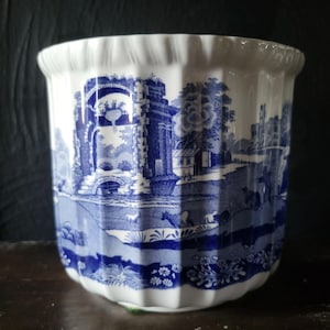 Cache-pot vintage Spode bleu italien cannelé bleu et blanc 12,7 cm